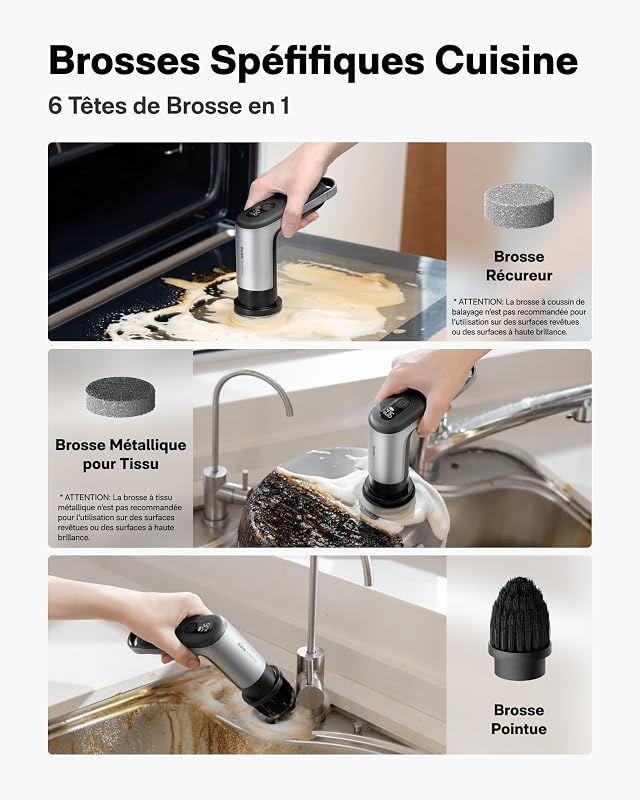 Grip™ Brosse Nettoyante Électrique, IPX7 Étanche, Légère (0.29 kg) avec 6 Têtes, Brosse Électrique Nettoyage pour Cuisine, Vaisselle, Évier, Gril, Plaque de Cuisson, Carrelage, Ustensiles