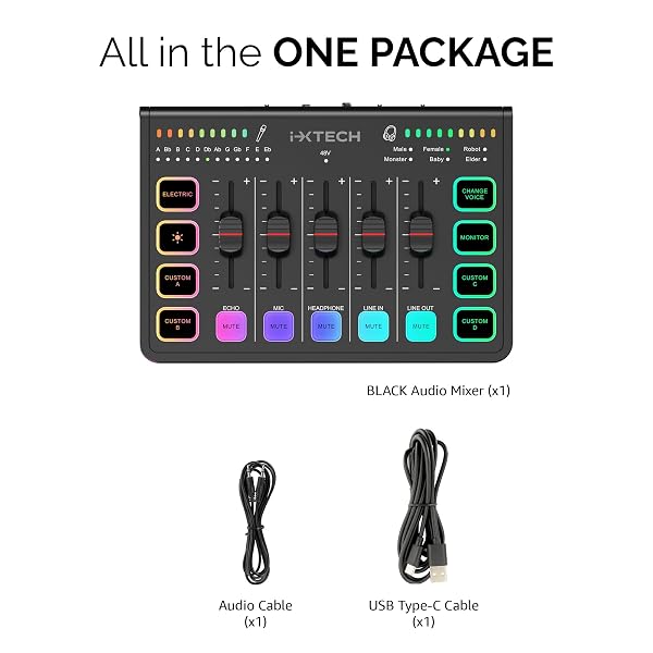 IXTECH GAMING AUDIO MIXER 4 CHANNEL SOUNDBOARD, STREAMING RGB PC AUDIO INTERFACE WITH XLR MICROPHONE SUPPORT, AUDIO EQUALIZER FOR GAMING PODCAST STREAMING KARAOKE, INDIVIDUAL VOLUME CONTROLS (BLACK)
