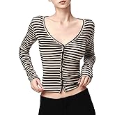 NEXTRYS Long Sleeve Tops for Women V-Neck Striped Shirts Slim-Fit Stretch T Shirts Going Out Tops Y2K