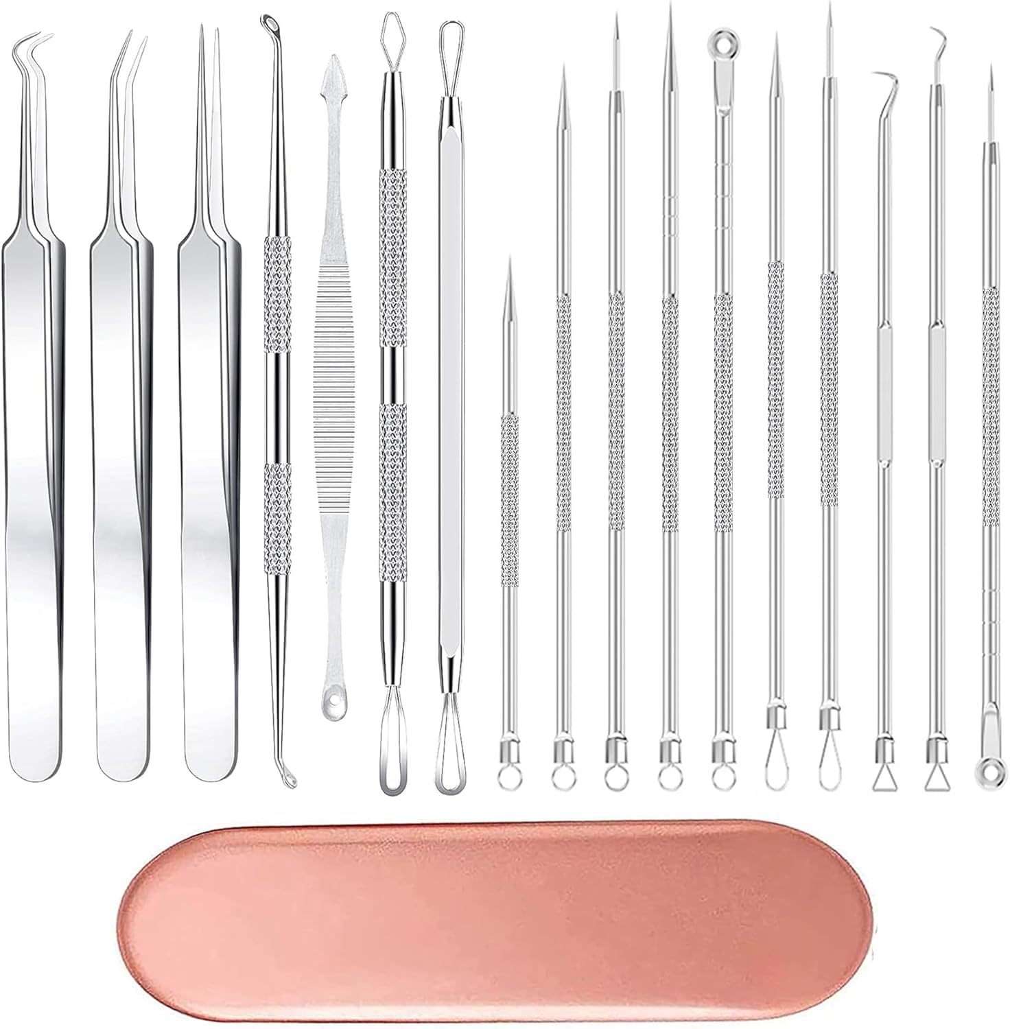 17Pcs Blackhead Remover Kit Curved Tweezer Blackhead Removal Tools Spot Remover Tools Professional Pimple Comedone Extractor Zit Popper for Nose Face