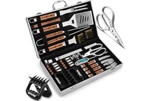 RINPIR 35pcs Deluxe Grilling Gifts Set for Birthday Christmas, Stainless Steel BBQ Accessories Kit for Men Dad, Professional Grill Tools Utensils with Scissors, Meat Claws in Aluminum Case Brown
