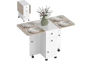 HOMCOM Foldable Dining Table, Rolling Kitchen Table with Storage Drawers and Cabinet, Drop Leaf Table on Wheels, White and Oa