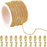 SUNNYCLUE 49 Feet/15M 1.5mm Brass Ball Chain Metal Bead Chains Gold Beaded Dog Tag Chains Roll Connectors Cord End Clasps Link for Jewelry Making Supplies Necklace Bracelet Women Hanging Ornament