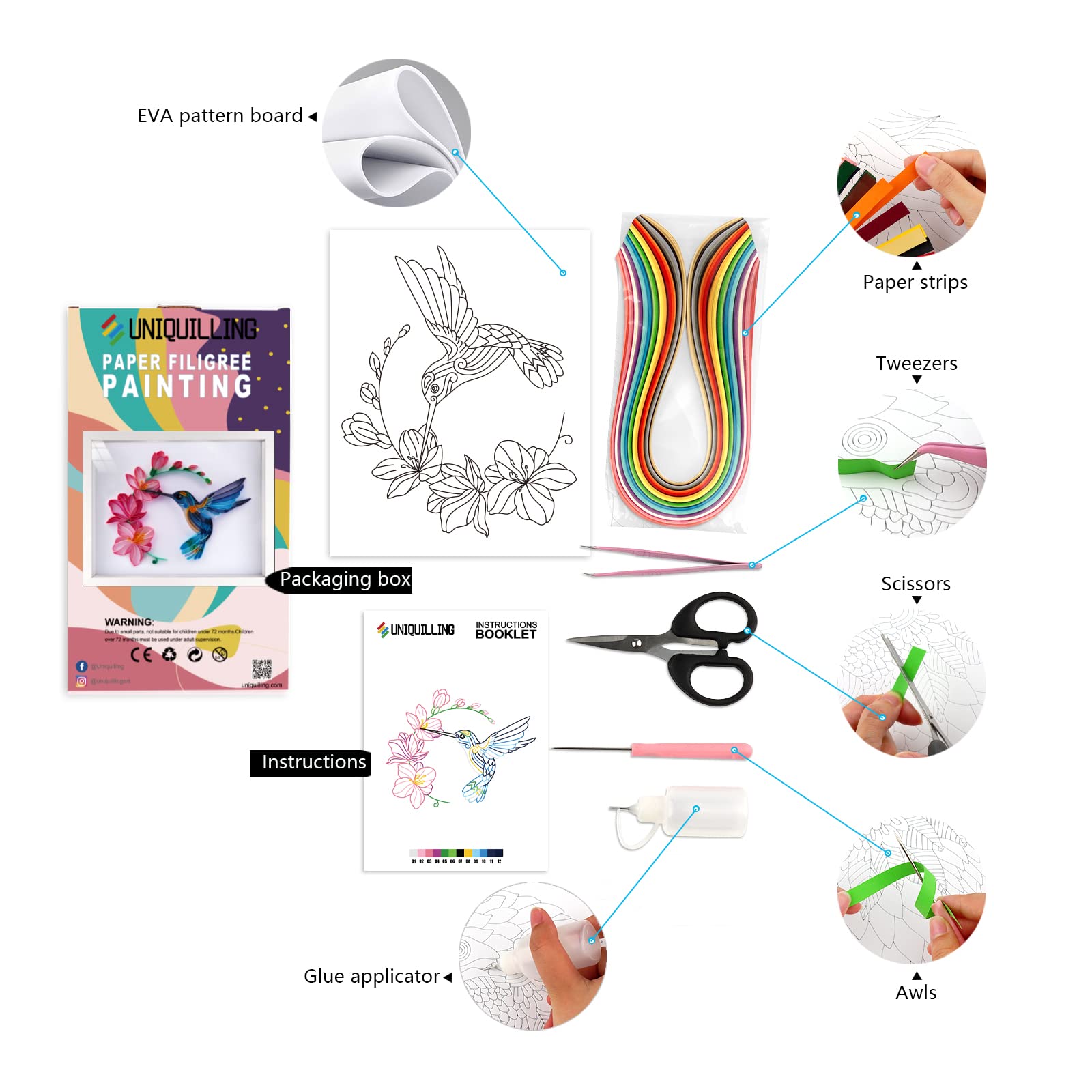 Uniquilling Quilling Kit, Paper Quilling Kits, 8 * 10-in Flower& Hummingbird Paper Filigree Kits with Quilling Tools& Using Manual, DIY Quilling Artwork Modern Wall Art for Living Room