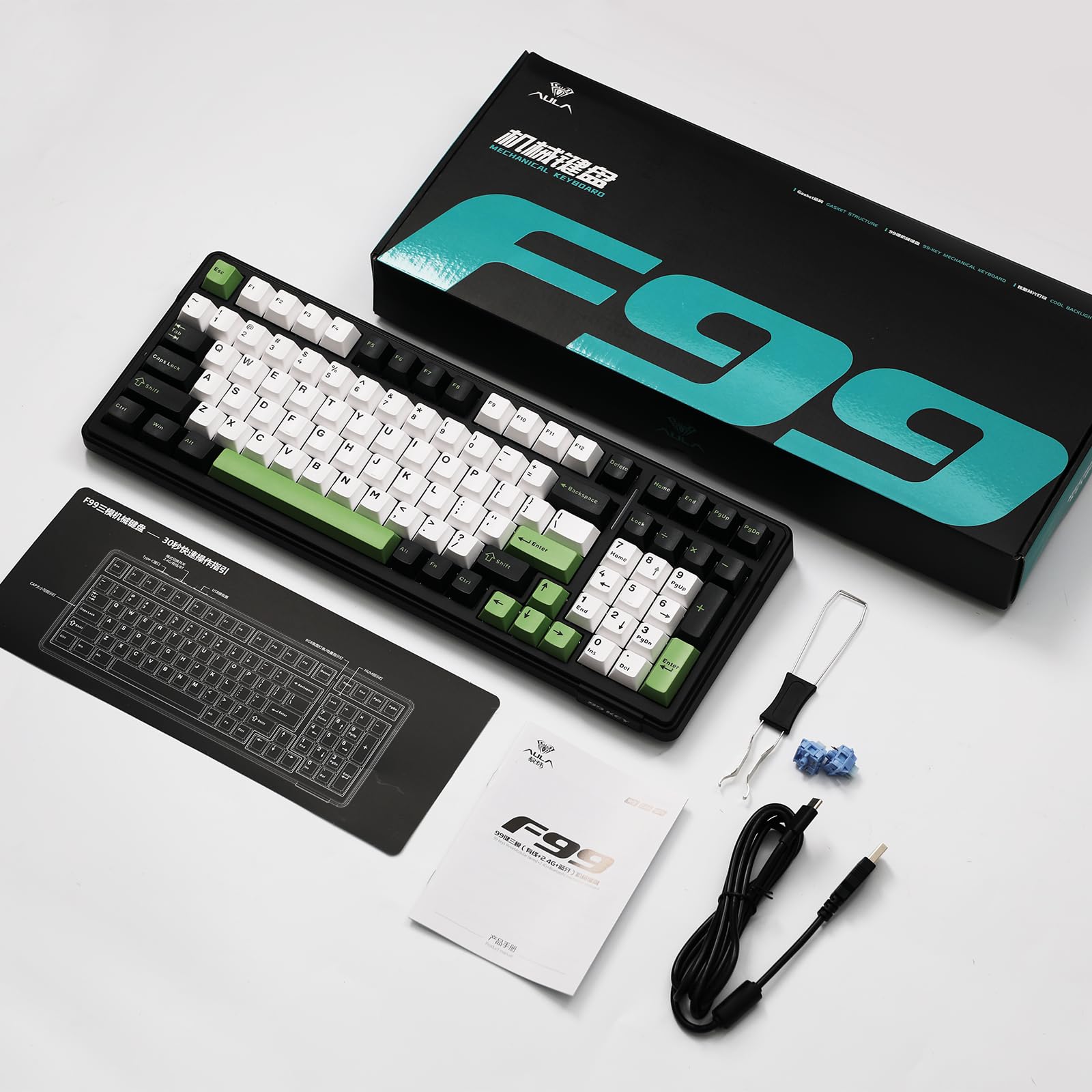 EPOMAKER x Aula F99 Wireless Mechanical Keyboard, Hot Swappable Gasket Custom Gaming Keyboard with Five-Layer Padding, Bluetooth/2.4GHz/USB-C, 8000mAh Battery (Black Green, Whale Sea Switch)