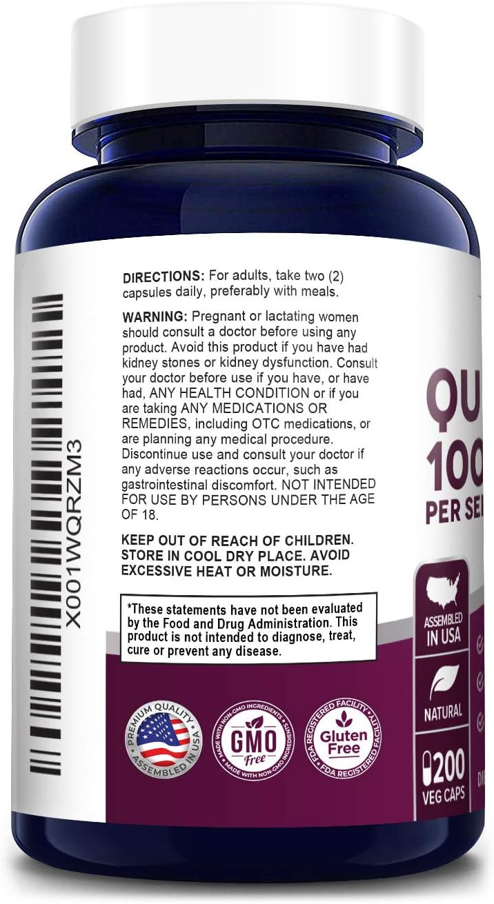 Quercetin 1000 mg 200 Vegetarian Caps (Non-GMO & Gluten Free) Dihydrate to Support Cardiovascular Health, Improve Anti-Inflammatory & Immune Response: Health & Personal Care