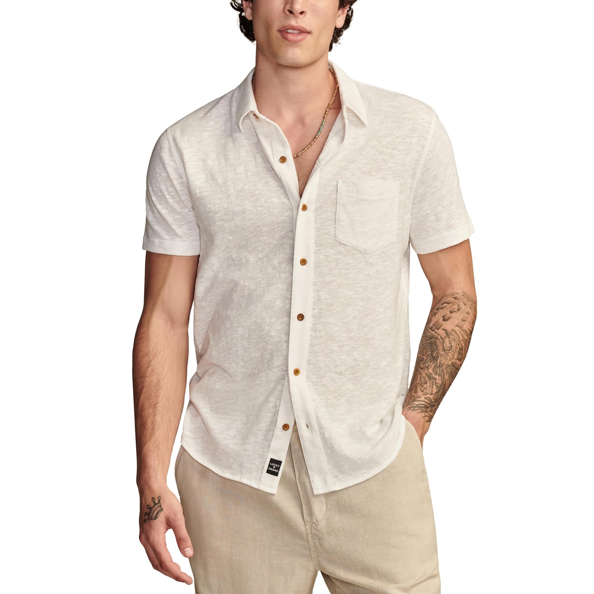 Lucky Brand Men’s Linen Short Sleeve Button UP Shirt, Bright White