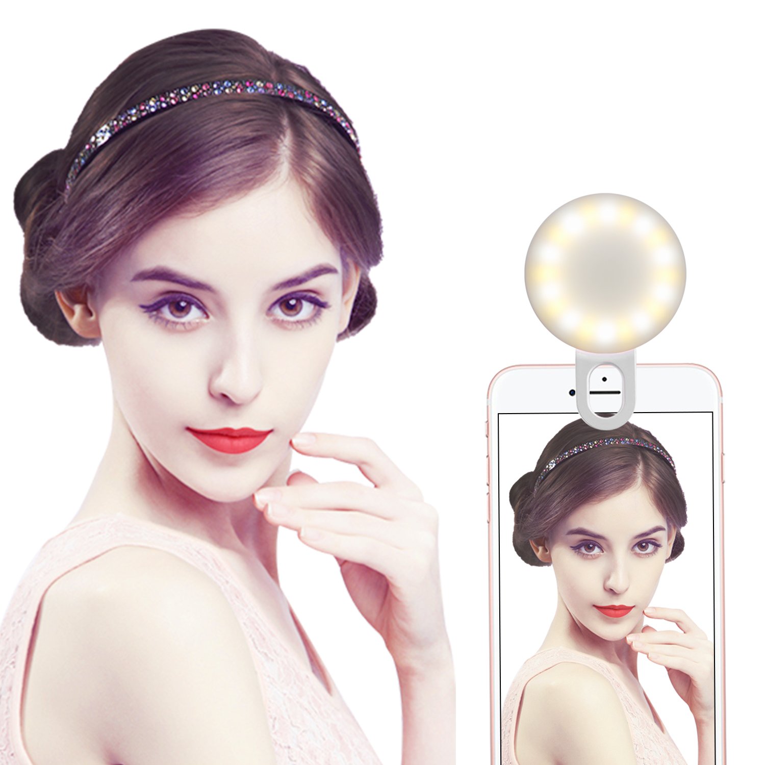 Selfie Ring Light, Clip-on Selfie Light with USB Charging Cable, Warm and Cold LEDs, for Smartphone Tablet Laptop-White (White)