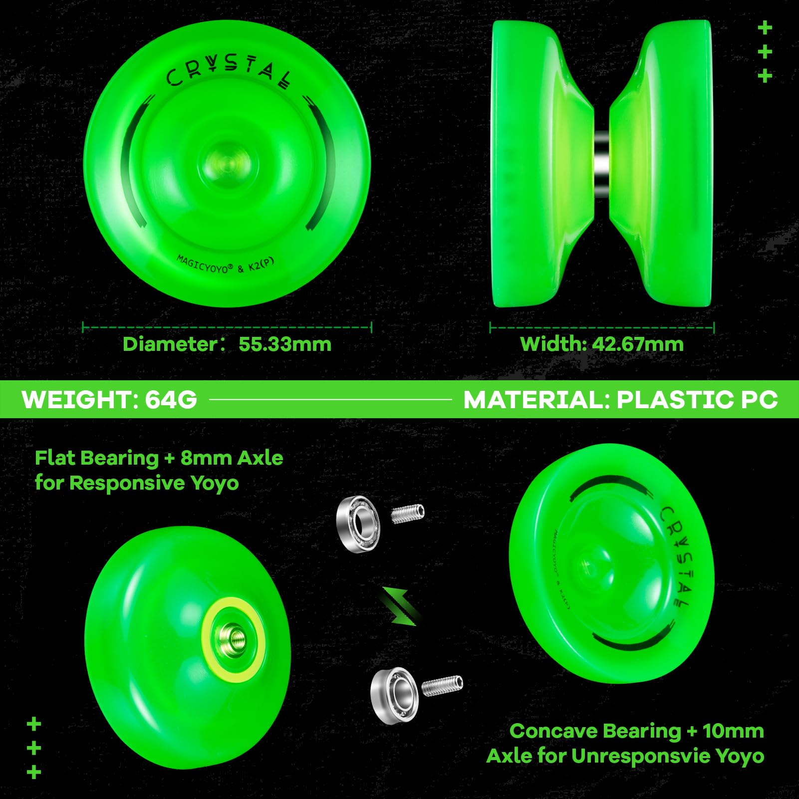 MAGICYOYO K2 Yoyo Professional Glow in The Dark, Responsive Yoyo for Kids 8-12, Unresponsive Yo yos for Adults, Plastic Yo-yo for Finger Spin Trick, 12 Yo yo Strings + Extra accessory kit (Glow Green)