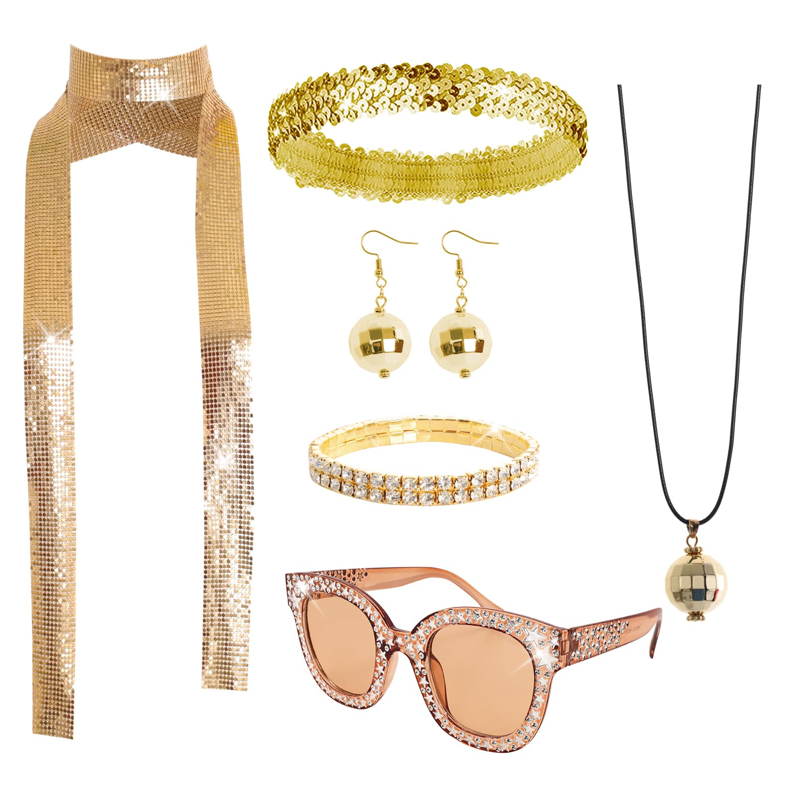 Photo 1 of Gvhntk 6 Pcs 70s Women Disco Accessories Disco Costume Disco Sequin Scarf Headband Diamond Bracelet Ball Necklace Earring Glasses(Gold)