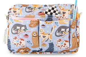 qianshan Portfolio Organizer with Multiple Pockets, Waterproof Travel Zippered Cosmetic Bag, Portable Storage Bag for Notebooks, Stationeries, Make-up, Journal Office Art Supplies.Blue Cat