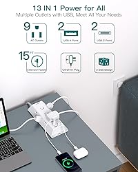 Surge Protector Power Strip 15 ft, Addtam Flat Plug
