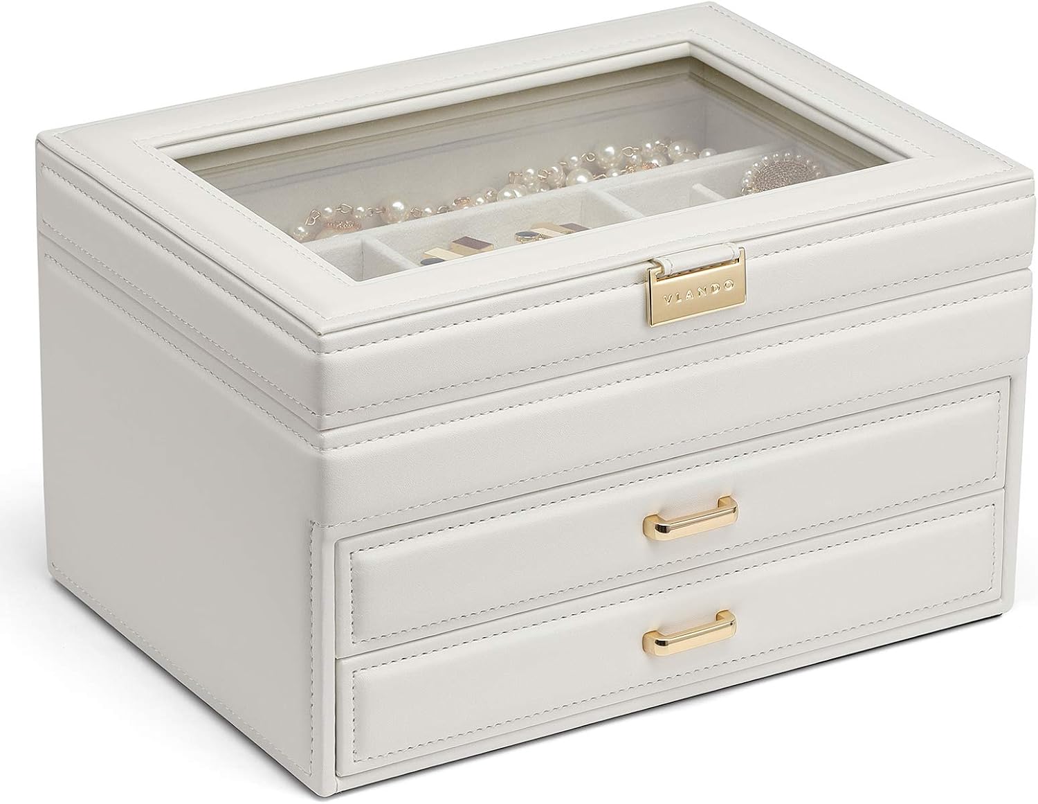 Jewelry Box with Glass Lid for Mothers Day Gifts, 3 Layer Jewelry Organizer with 2 Drawers, Large Leather Jewelry Storage for Necklaces Rings Earrings Bracelets Watches(White): Home Improvement