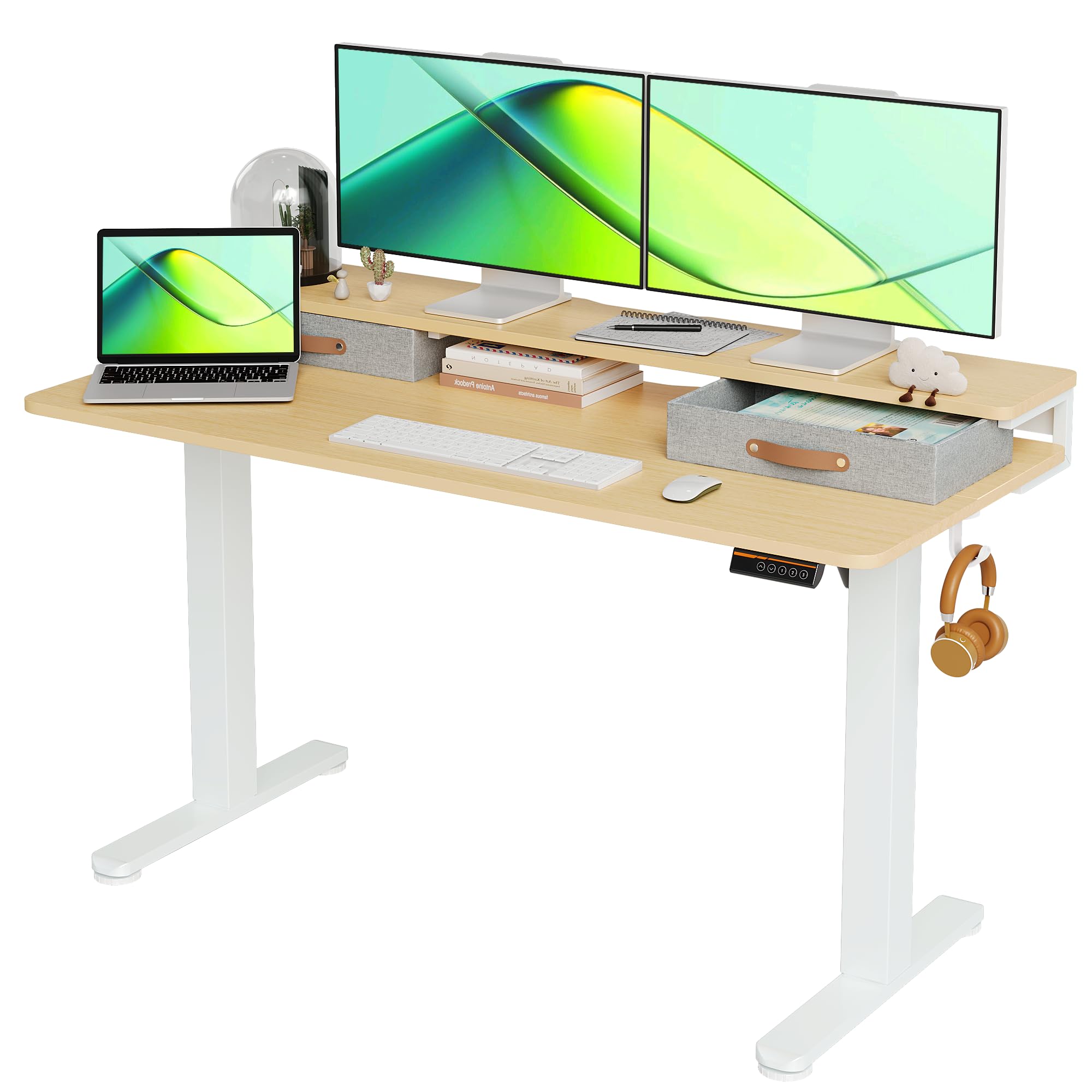Photo 1 of **MISSING ASSEMBLY HARDWARE*** Seang Electric Standing Desk with 2 Drawers, Adjustable Standing Desk with Storage Shelf, Height Adjustable Stand up Desk for Home Office with 3 Presets & 2 Hooks,55 Inch, Natural