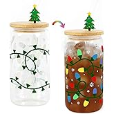 Joyseller Christmas Gifts, 18oz Color Changing Christmas Lights Iced Coffee Can Glass, X-mas Glass Cup with Lid and Straw, Holiday Tumbler