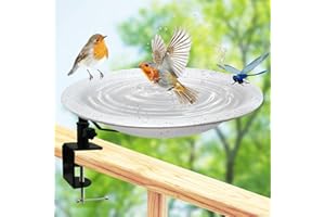 Deck Mounted Bird Bath and Feeder,11.5 Inch Large Gray Speckled Bowl,Heavy Duty Clamp On Deck Railing,Detachable Weather Resi