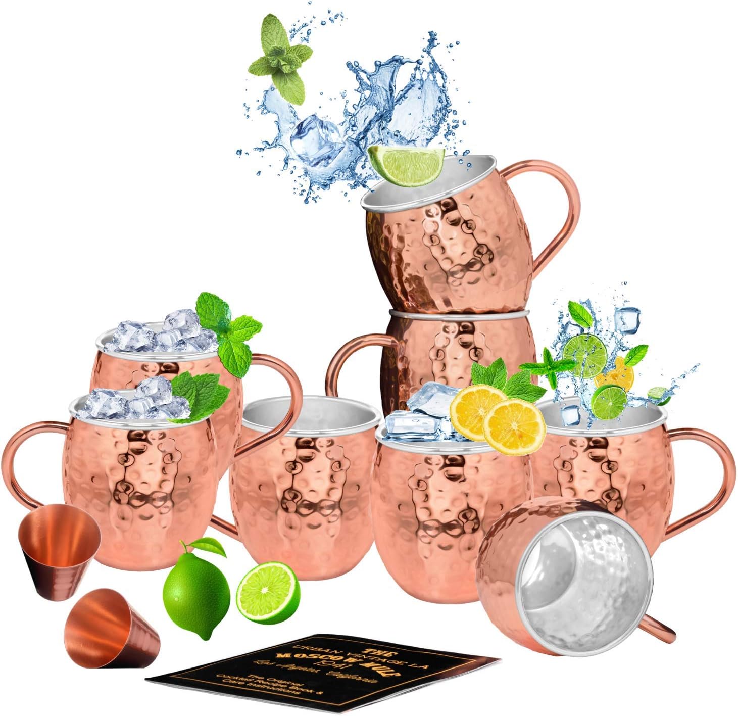 Set of 8 Moscow Mule Copper Mugs with Stainless-Steel Lining | Heavy-Duty Double Wall Lined Barrel Shape Copper Mugs + 2 Copper Shot Glasses | Hammered, Insulated Cups in Bulk