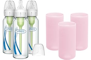 Dr. Brown's Natural Flow Anti-Colic Options+ Narrow Glass Baby Bottles 8 oz/250 mL, with Level 1 Slow Flow Nipple, 3 Pack 0m+ with Pink 100% Silicone Sleeves, BPA-Free