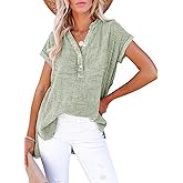 Dokotoo Women's Summer 2026 Boho Tops Casual Button Short Sleeve V Neck Shirts Solid Cotton Blouses
