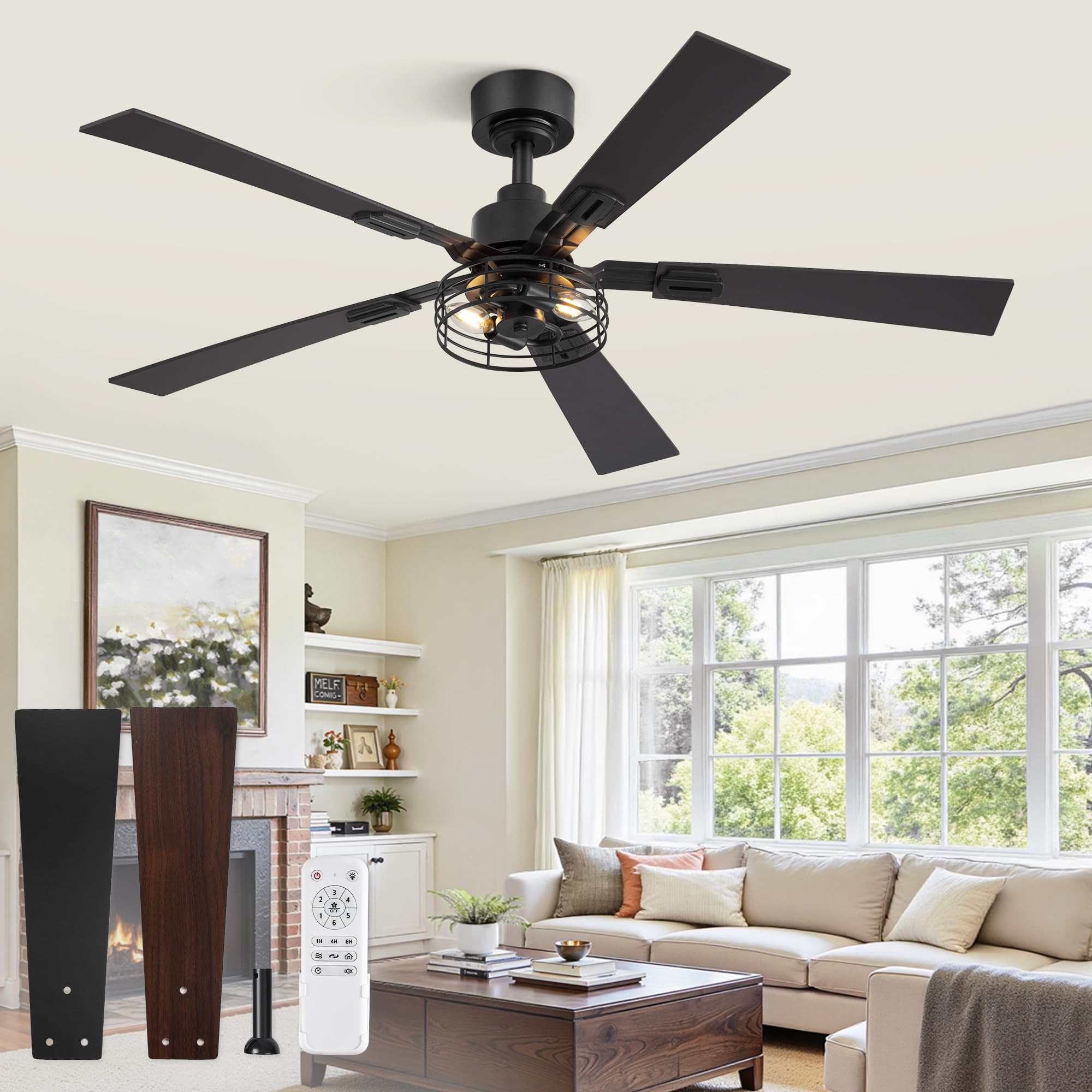 Photo 1 of 1 Pack Farmhouse 48 Inch Ceiling Fans with Lights, Black Industrial Caged Ceiling Fans for Bedroom Living Room, Double-Sided 5 Blades Rustic Ceiling Fan-Black
