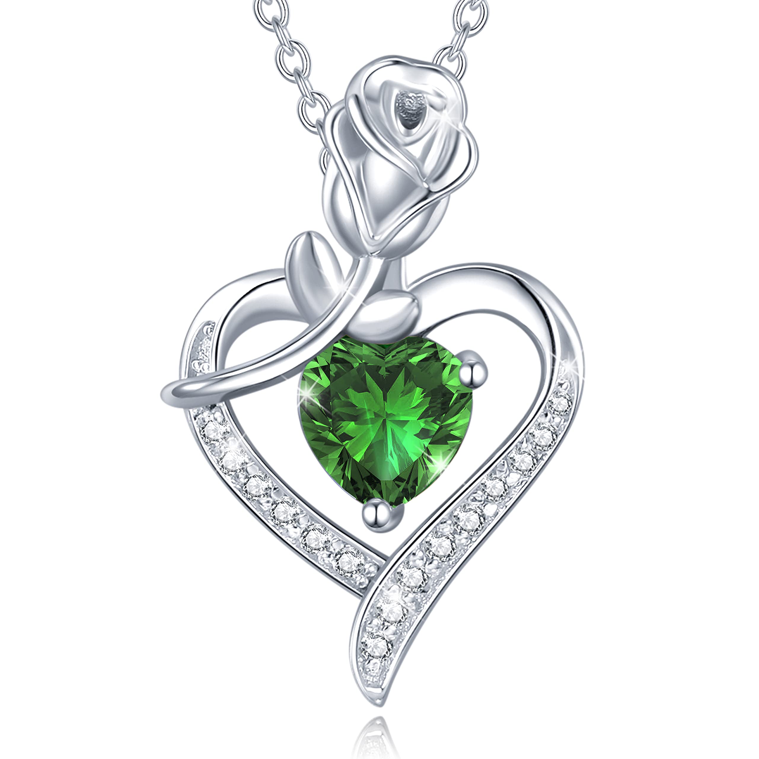 FANCIME 925 Sterling Silver May Birthstone Necklace Rose Heart Pendant Green Emerald Necklace with Fine Jewellery Box Christmas Birthday Valentine's Day Mother's Day Present for Women Mother