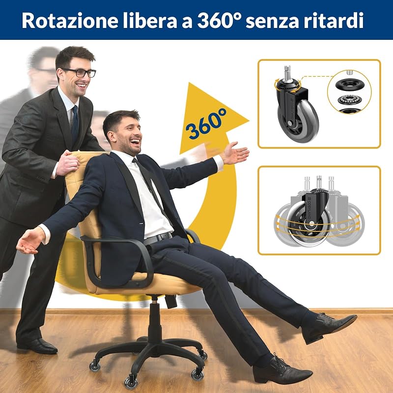 Set 5 Ruote Sedia Ufficio 11x22mm - Rotelle Sedia Ufficio Ultra Silenziose 360° con Doppio Cuscinetto, Portata 300KG - Per Parquet e Pavimenti Duri