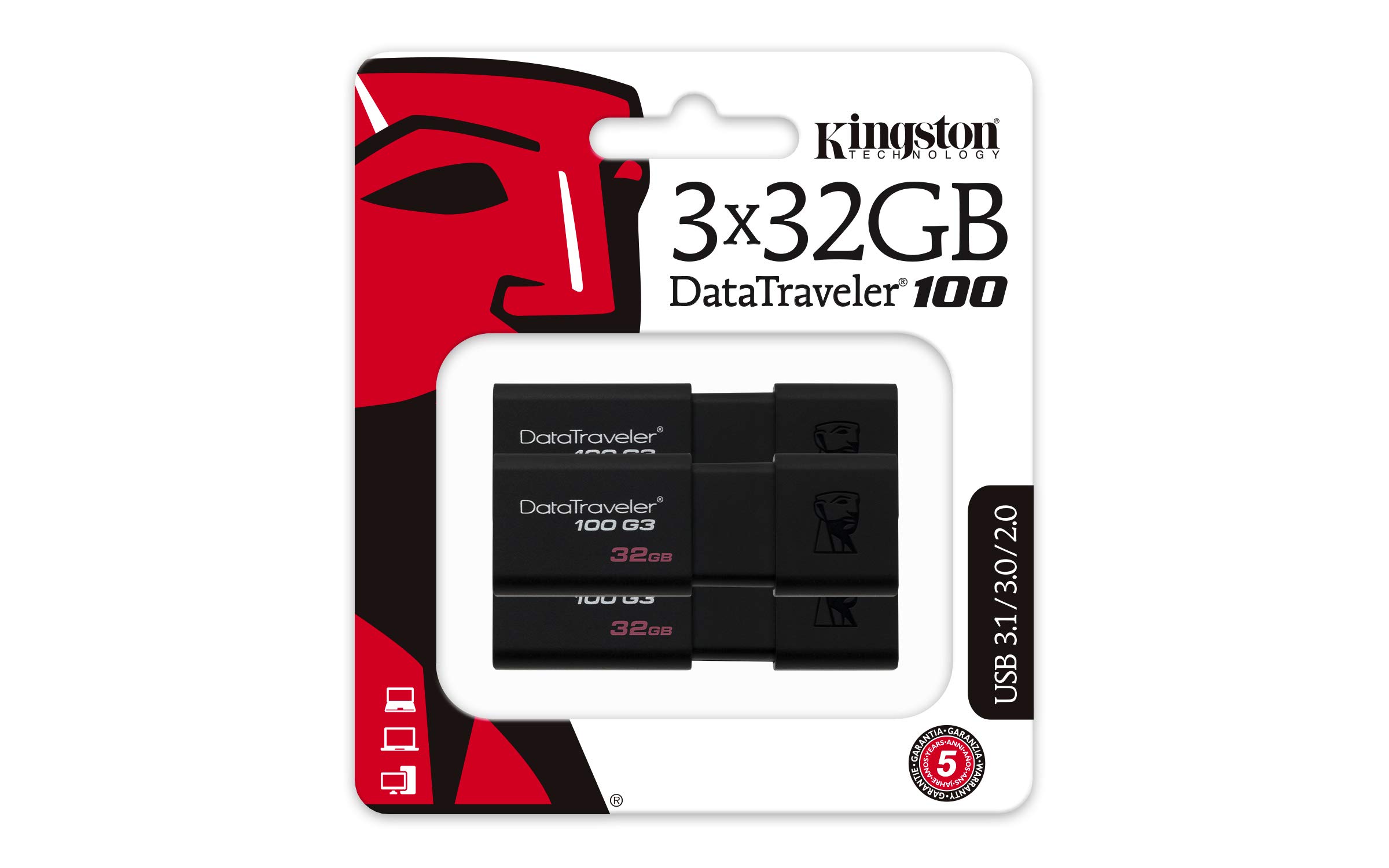 Kingston DT100G3/32GB-3P DataTraveler 100 G3 USB 3.0 USB Flash Drives, 32 GB, Black, Pack of 3