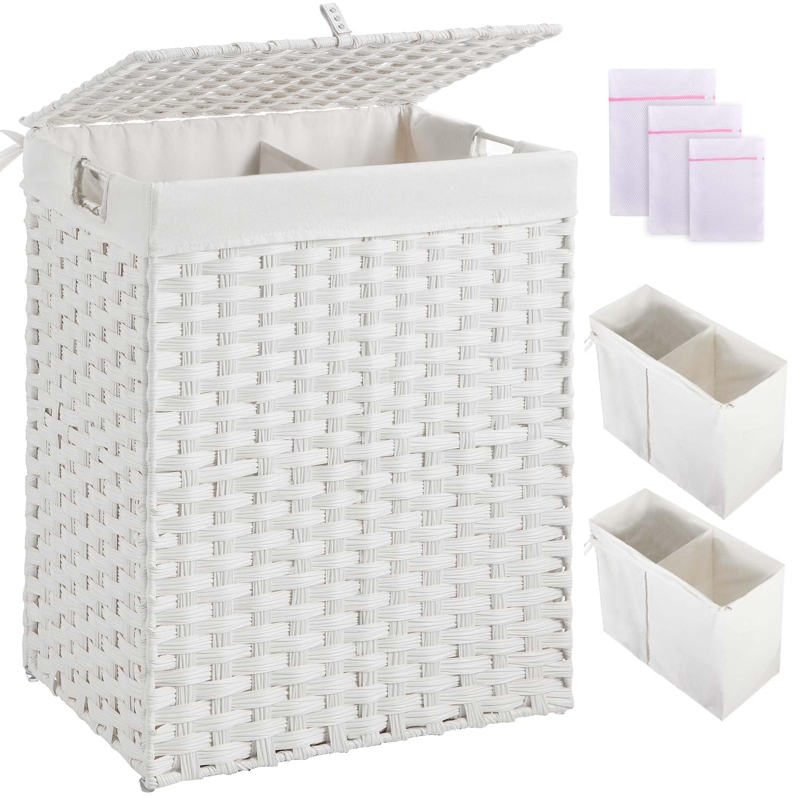 Photo 1 of ***SIMILAR ITEM*** Greenstell Laundry Hamper with 2 Removable Liner Bags?60L Divided Clothes Hamper, Handwoven Synthetic Rattan Foldable Laundry Basket with Lid and Handles White (18.5 x 13.3 x 24.0Inches)