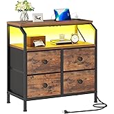 HOOBRO Wide Nightstand with Charging Station, End Table with LED Light Strip, Night Stand with 4 Non-Woven Fabric Drawers, 2 Open Shelves, Bedside Table for Bedroom, Rustic Brown and Black BF190UDBZ01