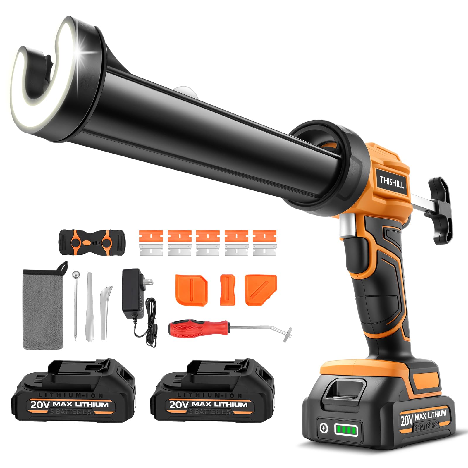 Photo 1 of THIS HILL 10oz /300ml Electric Caulking Gun,20V Battery Powered Caulk Gun w/Two 2.0Ah Battery,4 Speeds,9Pcs Silicone Caulking Tools,Dripless Caulking Gun for Sealing&Filling
