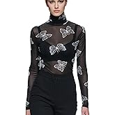 METWAY Black Sheer Top Women Mesh Long Sleeve Tops Lace Turtleneck See Through Undershirt Sexy Blouse Going Out T Shirt