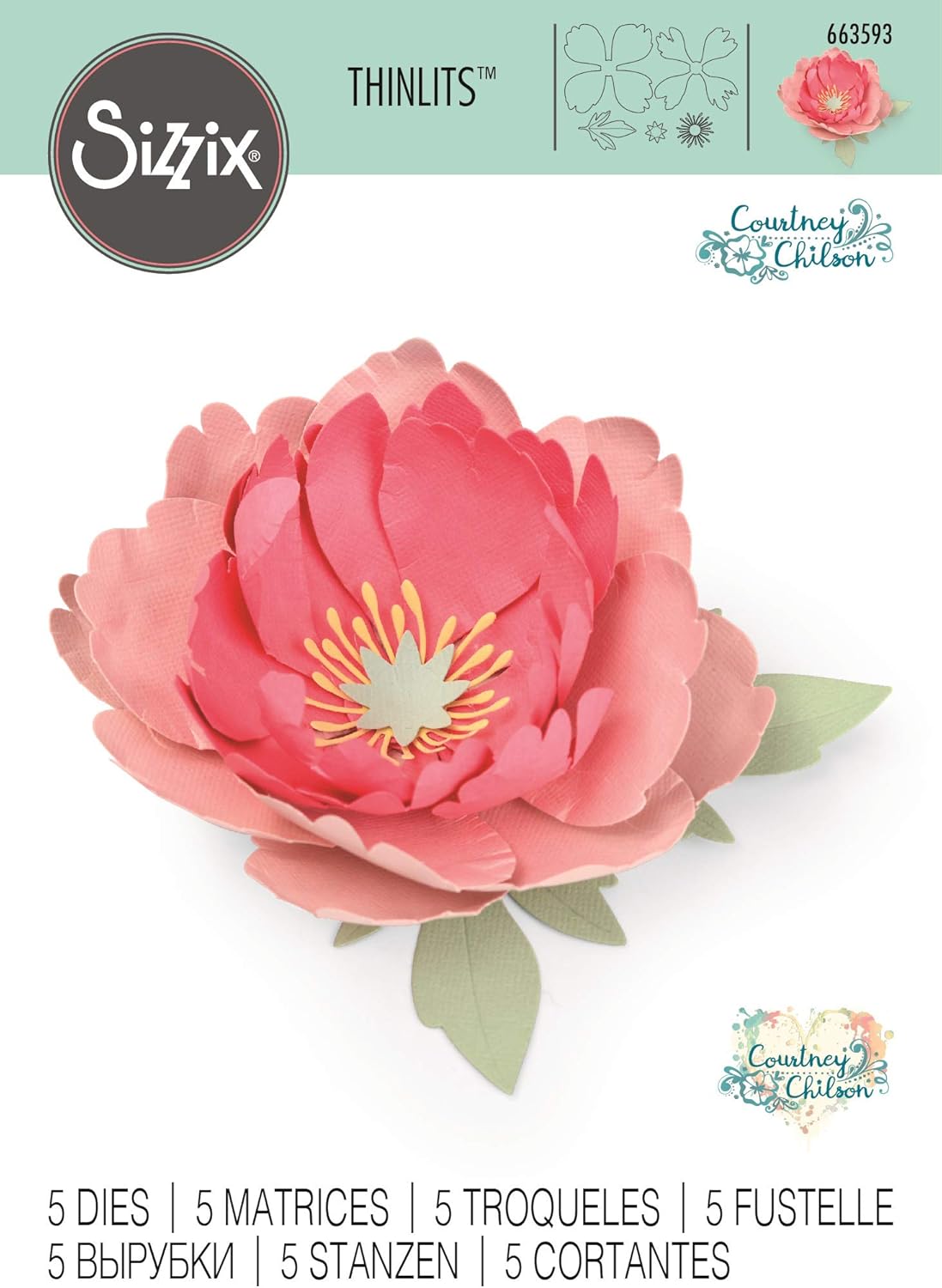 Sizzix Thinlits Die Set 663593, Peony Flower by Courtney Chilson, 5 Pack, Multi-Colour Colour, One Size - Image 4