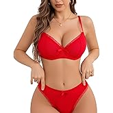 AOKIYURI Sexy Mesh Sheer Push Up Lingerie Set for Women Bra and Panty 2 Piece