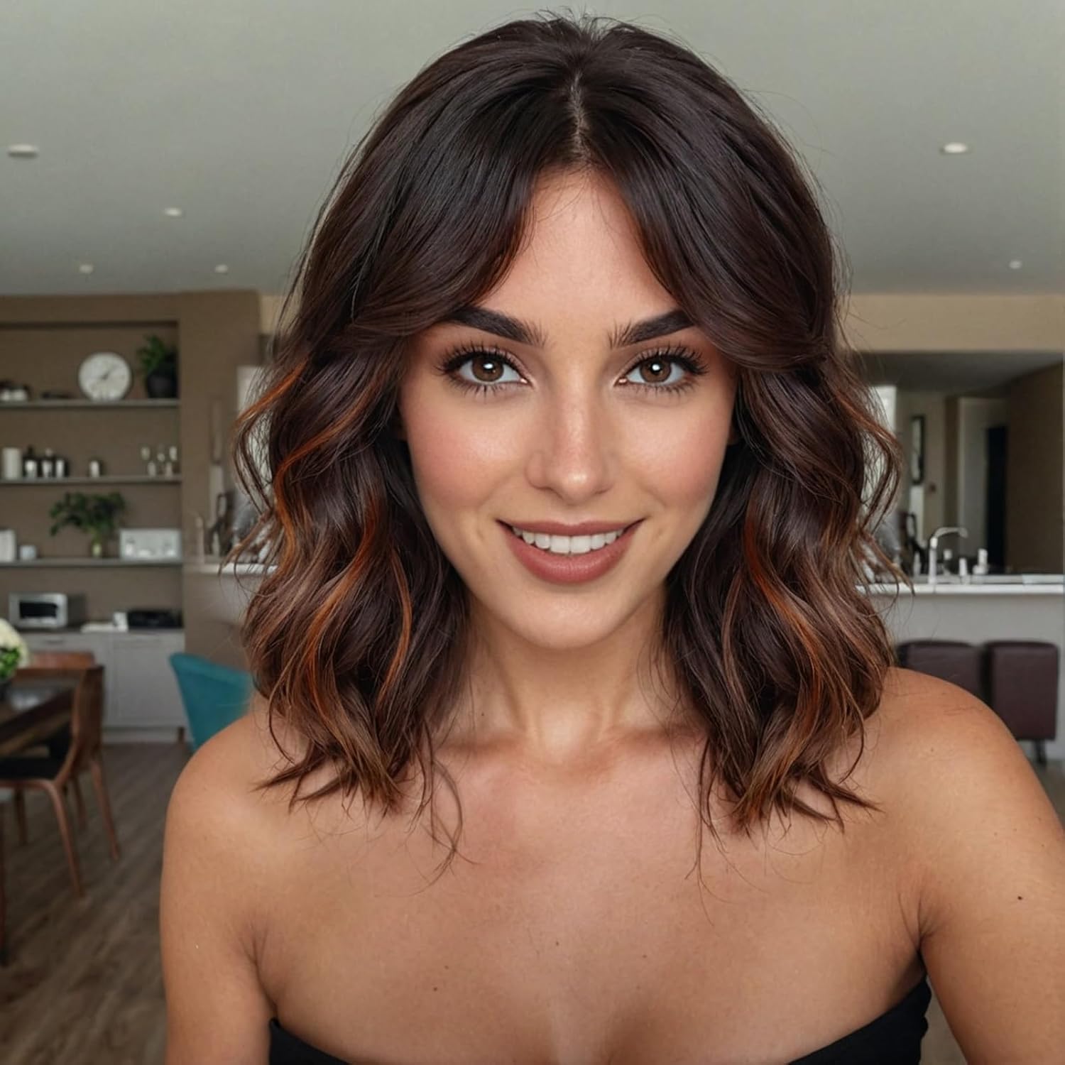 WOKESTAR Bob Curly Wig with Fringe, Short Synthetic Wavy Wigs for Women Brown with Highlights Color — image 1
