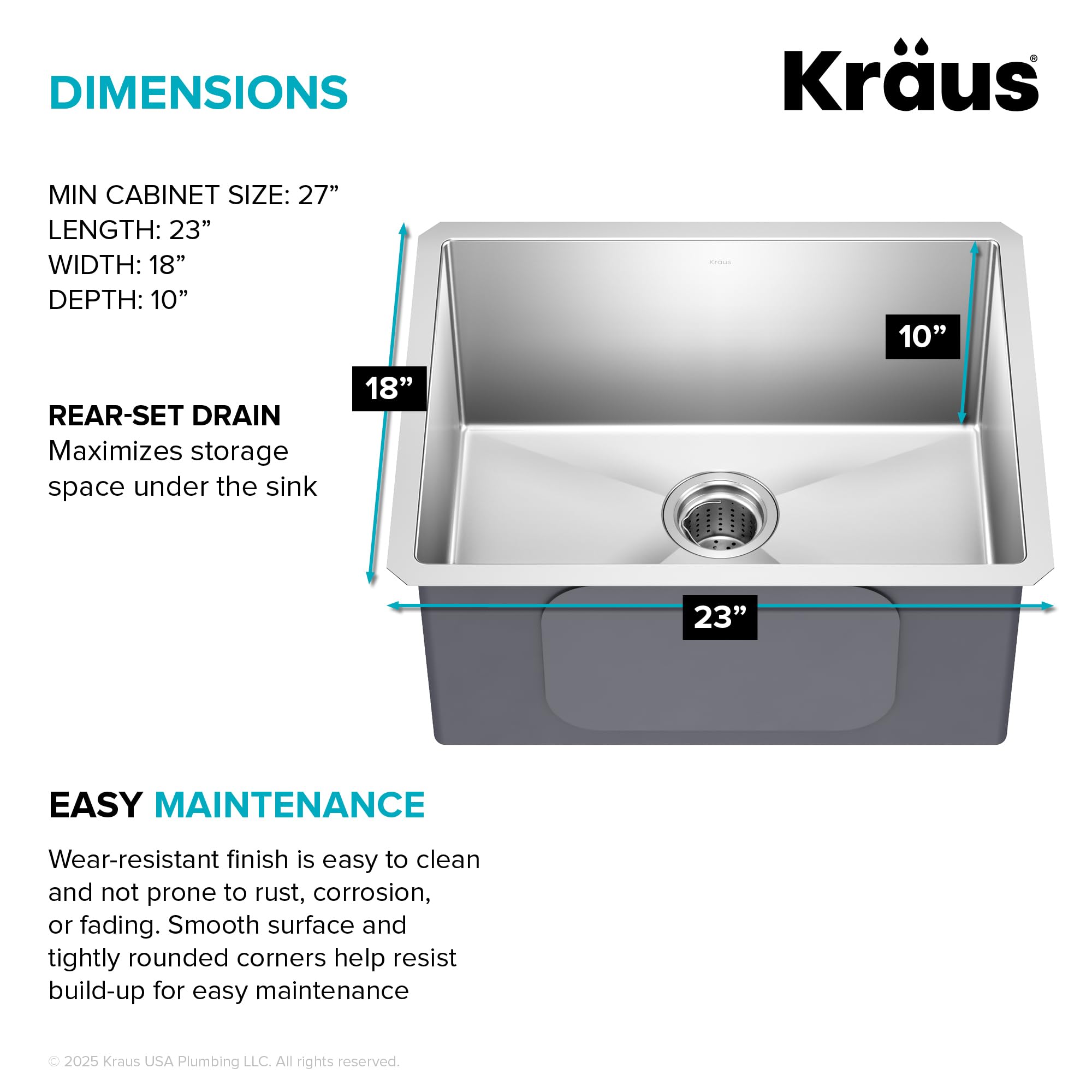 KRAUS Standard PRO 23-Inch 16 Gauge Undermount Single Bowl Stainless Steel Kitchen Sink, KHU101-23