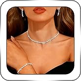 SAWINDA Rhinestone Jewelry Set Silver Crystal Choker Necklace Jewelry Sets Bridal Diamond Chain Choker Necklace Earrings and Bracelet Sparkly Wedding Bridal Prom Formal Costume Jewelry Set for Women