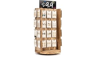 Pinzoveco Rotating Earring Display Stands for Selling with Adversitsing Board, Real Wood Jewelry Display Stand for Vendors, Large Capacity Earring Cards for Selling Rack Holder (Carbonized Brown)