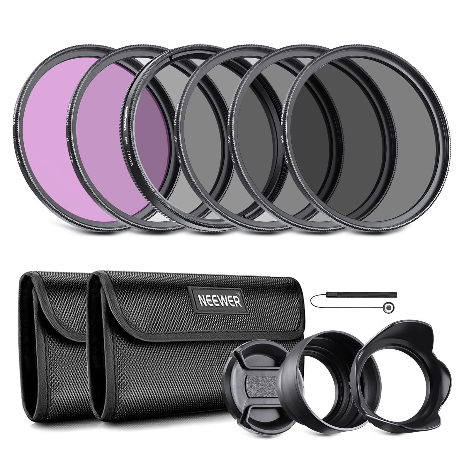 NEEWER 77mm ND Lens Filter Kit: UV, CPL, FLD, ND2, ND4, ND8, Lens Hood and Lens Cap Compatible with Canon Nikon Sony Panasonic DSLR Cameras with 67mm Lens