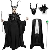 Lyxaof Evil Queen Costume Women Magic Witch Black Gown Halloween Cosplay Costume Raven Cape with Horn Staff Feather Shawl