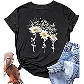 Women's Cute Christian Shirts,Daisy and Butterfly Print Faith T-Shirt Crewneck Short Sleeve Summer Tops Blouse