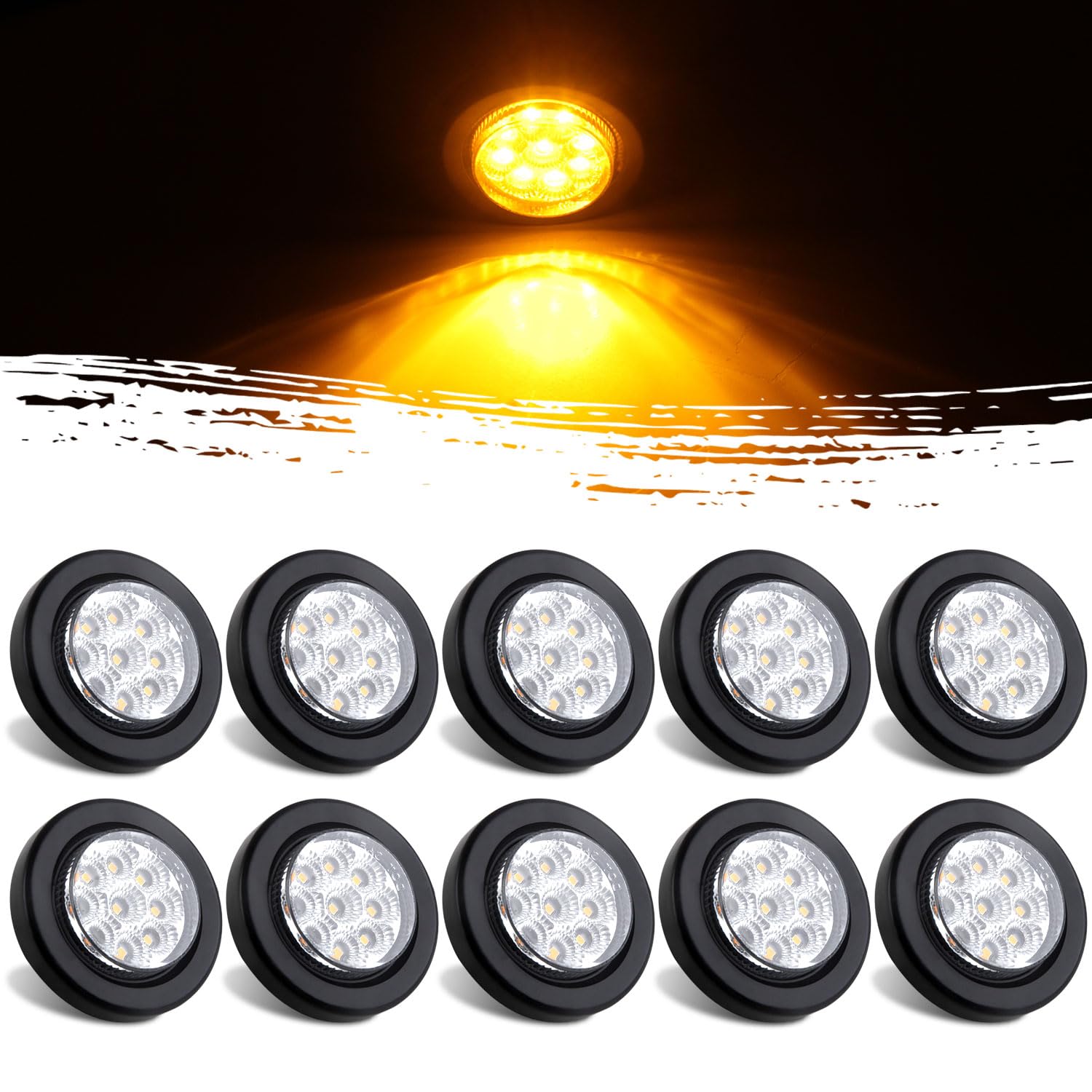 Photo 1 of 10Pcs 2” Inch Round Led Marker Lights 9 Amber LED Reflectors Clear Lens, 2 Inch Round LED Truck Trailer Clearance Side Marker Lights w/Light Grommets and 2 Prong Trailer Wire Pigtails 12V Waterproof
