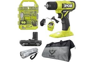 Drill Set Bundle with Ryobi 18V Cordless Drill, 1.5 Ah Lithium-ion Battery, 18-Volt Battery Charger, 40 Piece Multipurpose Drill Bits, and Buho 16 Inch Tool Bag with Outside Pockets