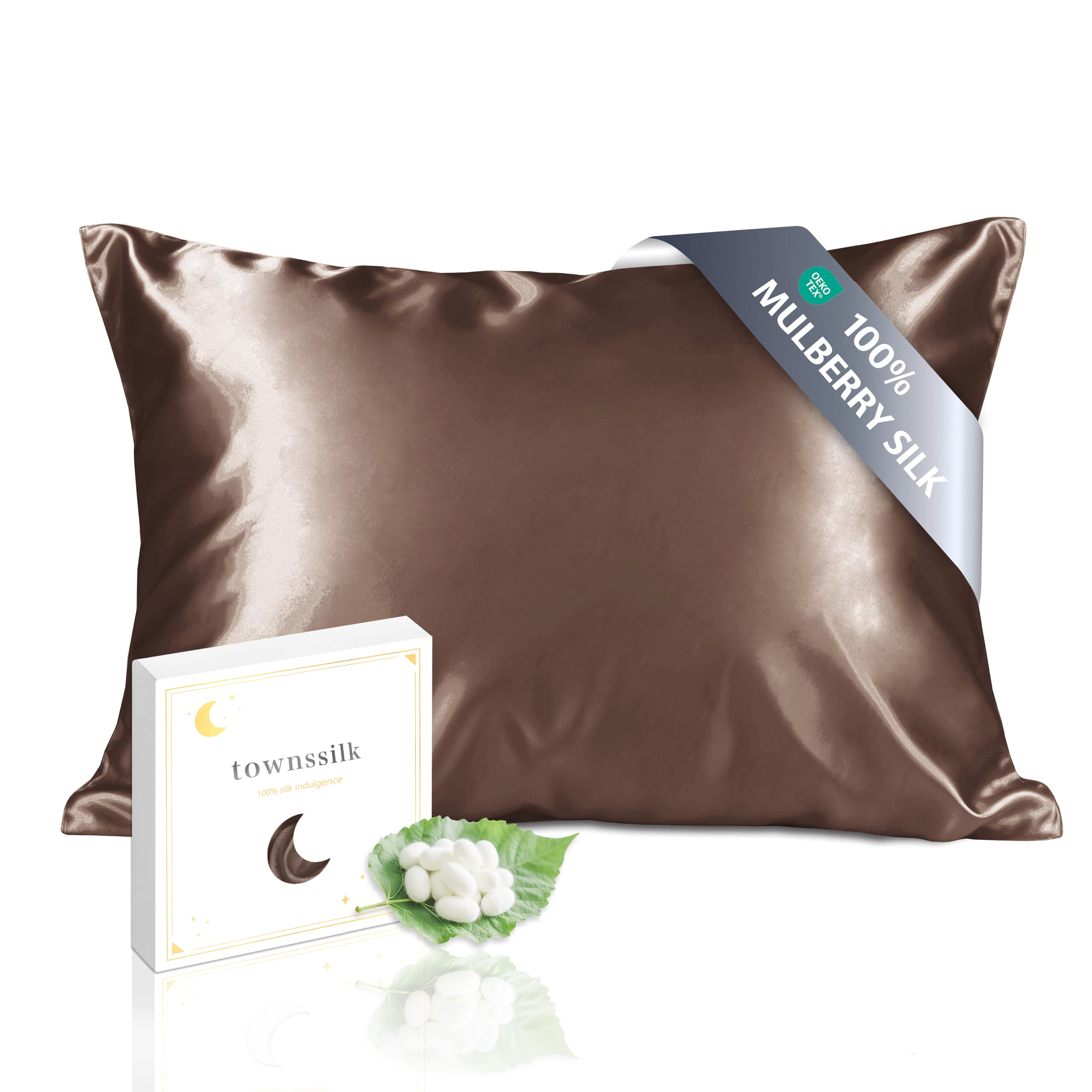 townssilk Both Side 100% 19mm Silk Pillowcase 50x90cm Pillow Case Cushion Cover with Hidden Zipper Brown — image 1