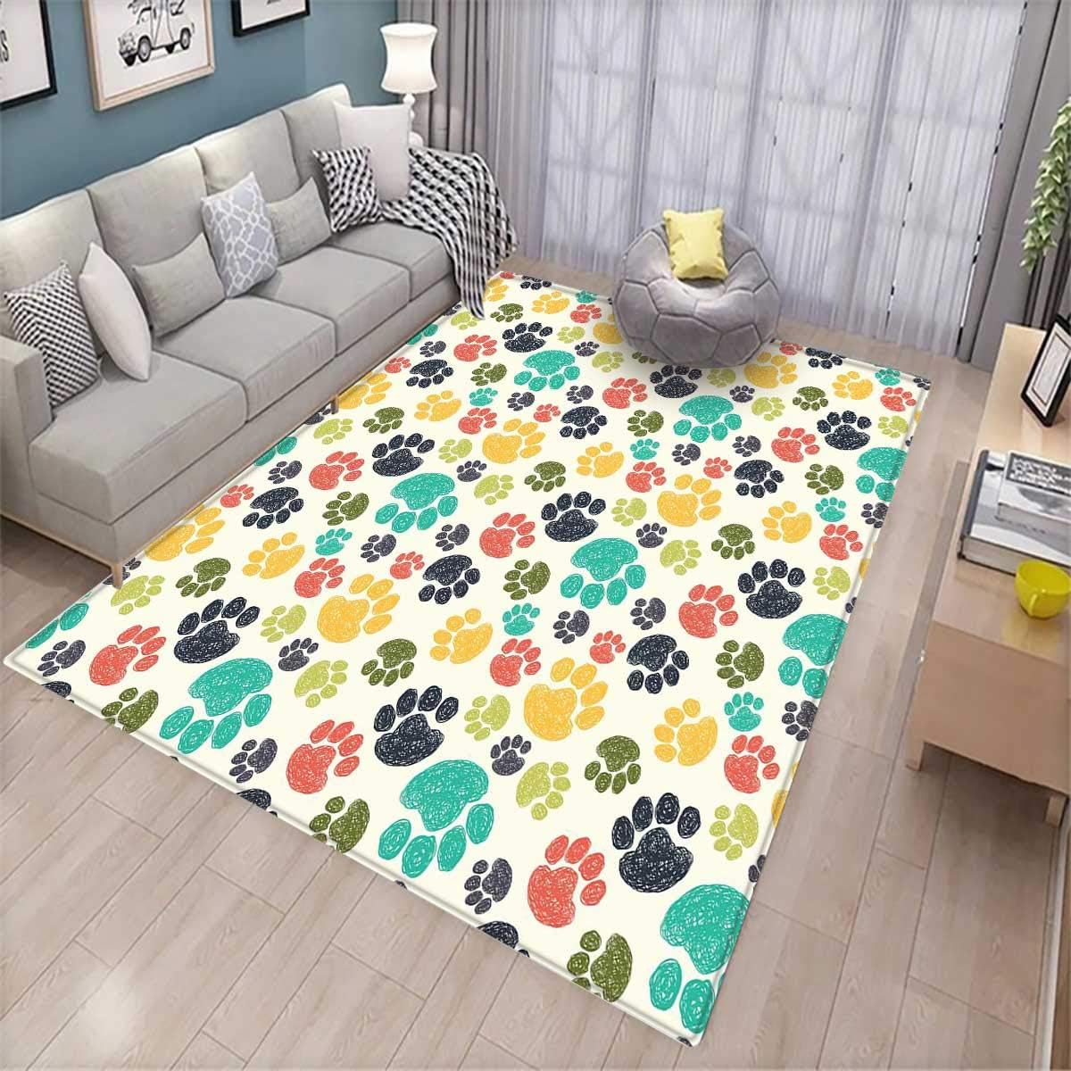 Dog Lover Floor Mat for Kids Cute Hand Drawn Paw Print Doodles Circular