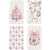 Artoid Mode Pink Porcelain Ornaments Xmas Tree Christmas Kitchen Towels Dish Towels, 18x26 Inch Farmhouse Holiday Winter Decoration Cleaning Set of 4