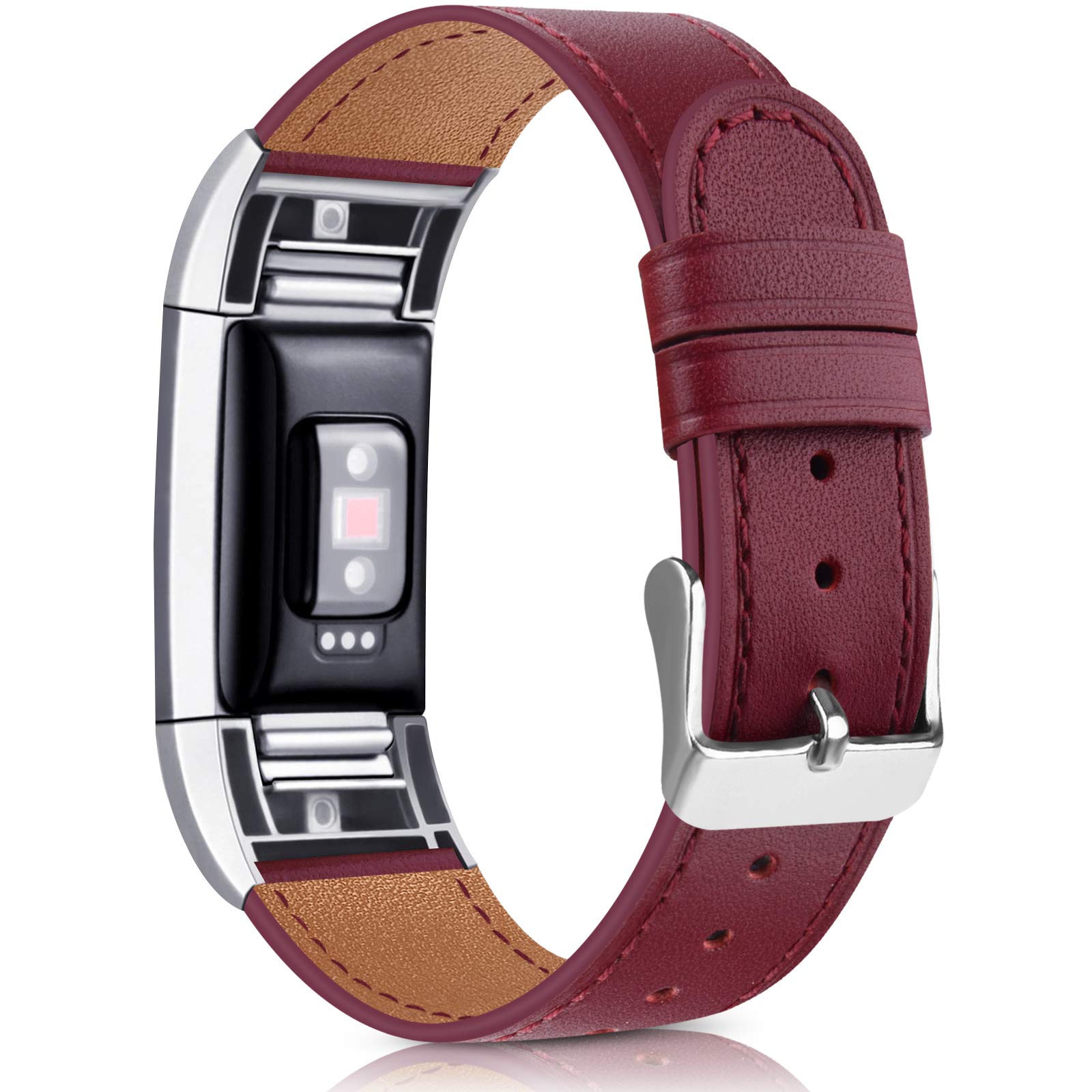 Wanme For Fitbit Charge 2 Strap Leather Straps, Classic Adjustable Replacement Straps with Metal Connectors for Fitbit Charge 2 (05 Wine Red, 5.5" - 8.1")