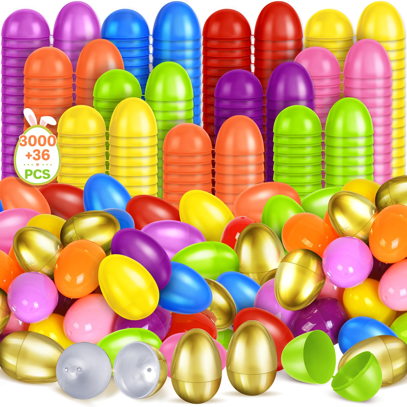 SpringFlower 3000 PCS 2.3" Plastic Easter Eggs With 36 Golden Easter Eggs, Empty Easter Eggs Fillable, Colorful Bright Plastic Eggs Bulks for Easter Hunt, Easter Basket Stuffers, Easter Party Favor