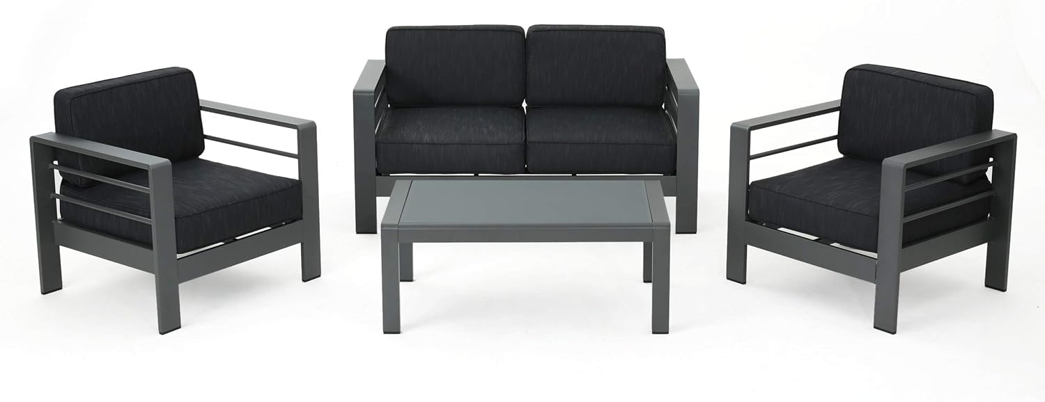 Amazon Com Christopher Knight Home Crested Bay Aluminum Outdoor Chat Set With Water Resistant Cushions 4 Pcs Set Grey Dark Grey Garden Outdoor