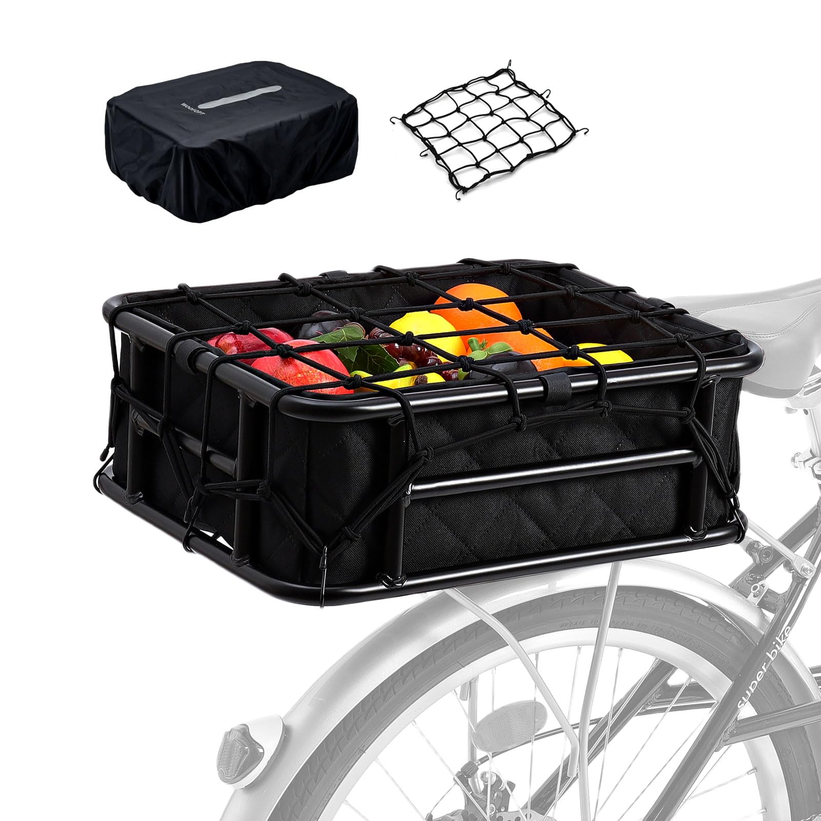 Photo 1 of Rear Bike Basket with Rainproof Cover and Cargo Net and Liner, Large Rear Bike Rack Basket for Bike, Heavy Duty Metal Rear Bicycle Basket Perfect Mount for Electric Bike WOOFOPT