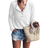 WNEEDU Women's Waffle Knit Tunic Tops Loose Long Sleeve Button Up V Neck Henley Shirts